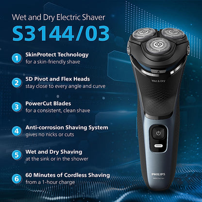 Philips Electric Shaver for Men | SkinProtect Technology, Wet and Dry Shave | 5D Floating Heads | 27 Self Sharpening Blades | Pop up Trimmer | Cordless | Waterproof | 3000 Series | S3144/03
