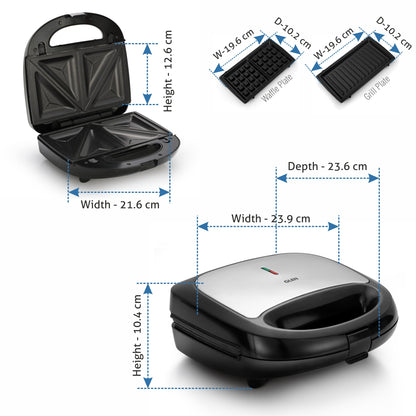 Electric Multi Snack Maker with 3 sets of Sandwich, Grill & Waffle Non-Stick Plates, 750w - Black (3022 MSM)