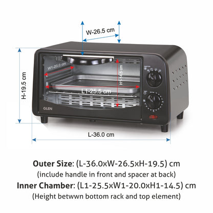 GLEN 9L Toaster Griller | 800W Quartz Heating Elements – 4 Function Selector, Safety Cut-Off at 225°C | Ideal for Baking, Grilling, Toasting & Roasting – Black (5009)