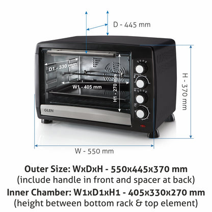 GLEN Oven Toaster Griller (OTG) -48 Litres | Full Back Convection, Motorized Rotisserie, Ideal for Cooking, Baking & Roasting| 2000W - Black (5048RC)