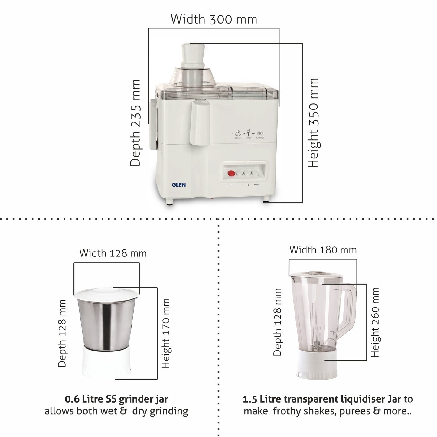 3-in-1 Juicer Mixer Grinder 500W with 1 Transparent Liquidiser, 1 Stainless Steel Grinder Jars - White (4010)