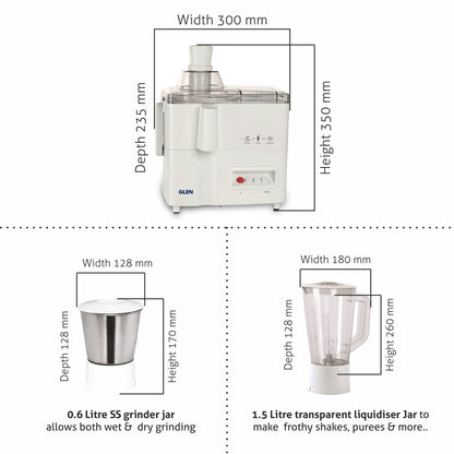 3-in-1 Juicer Mixer Grinder 500W with 1 Transparent Liquidiser, 1 Stainless Steel Grinder Jars - White (4010)