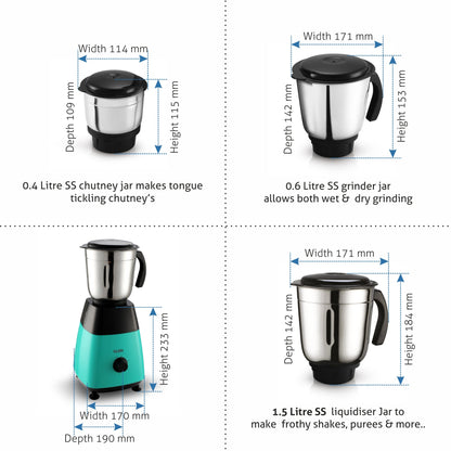 Mixer Grinder 500W with 3 Stainless Steel Liquidiser, Grinder and Chutney Jars - Black & Green (4023)