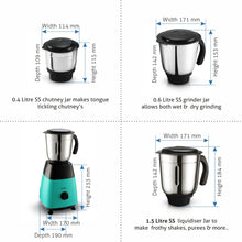 Mixer Grinder 500W with 3 Stainless Steel Liquidiser, Grinder and Chutney Jars - Black & Green (4023)
