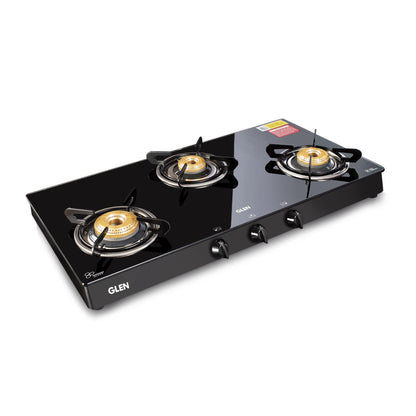 3 Burner Glass Gas Stove with High Flame Brass Burner - Manual/Auto Ignition (1038GTBBBL)
