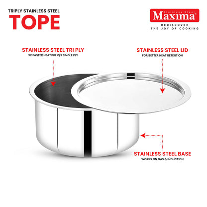 Maxima Triply Stainless Steel Tope with Lid | Induction Friendly