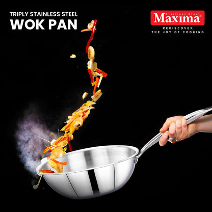 Maxima Triply Stainless Steel Wok Pan with Lid (Induction Friendly)
