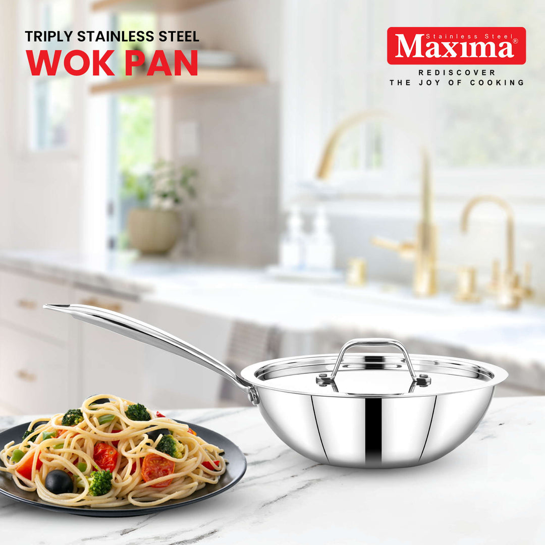 Maxima Triply Stainless Steel Wok Pan with Lid (Induction Friendly)