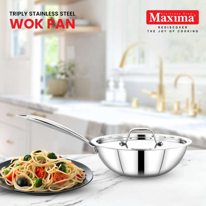 Maxima Triply Stainless Steel Wok Pan with Lid (Induction Friendly)
