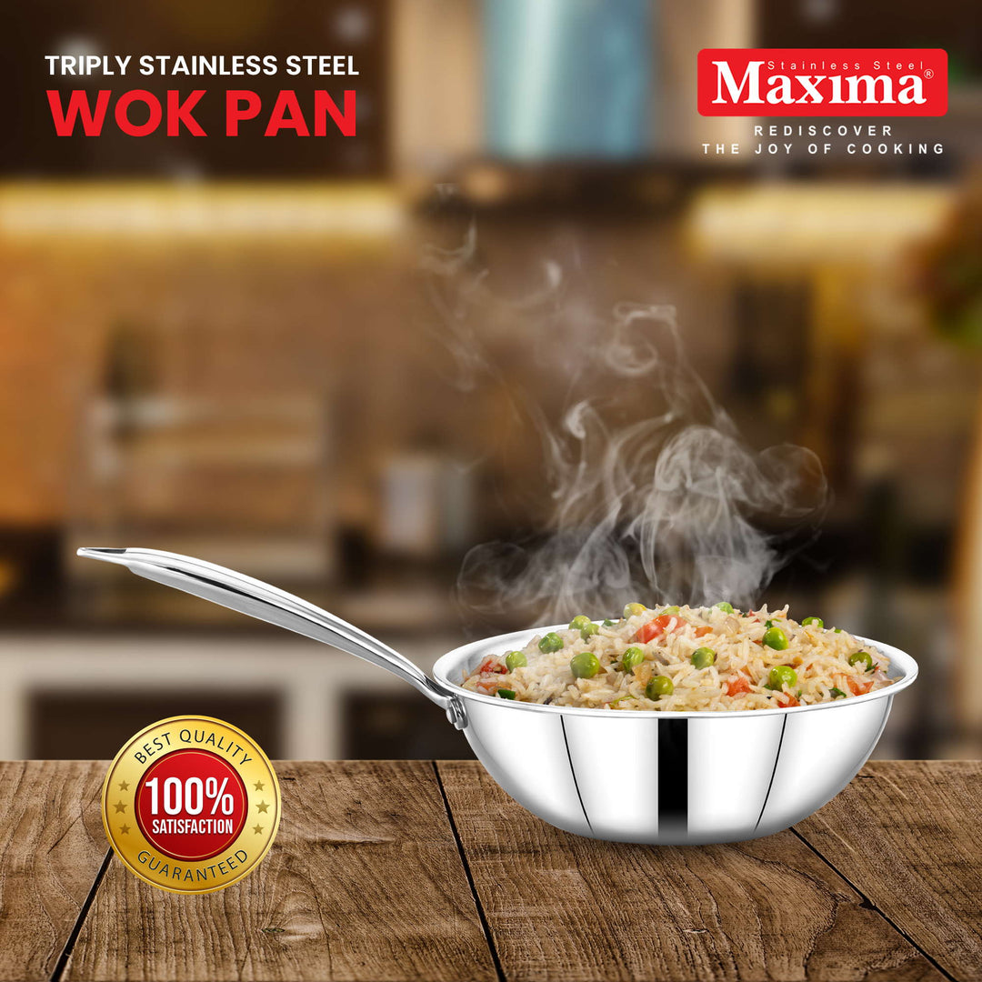 Maxima Triply Stainless Steel Wok Pan with Lid (Induction Friendly)