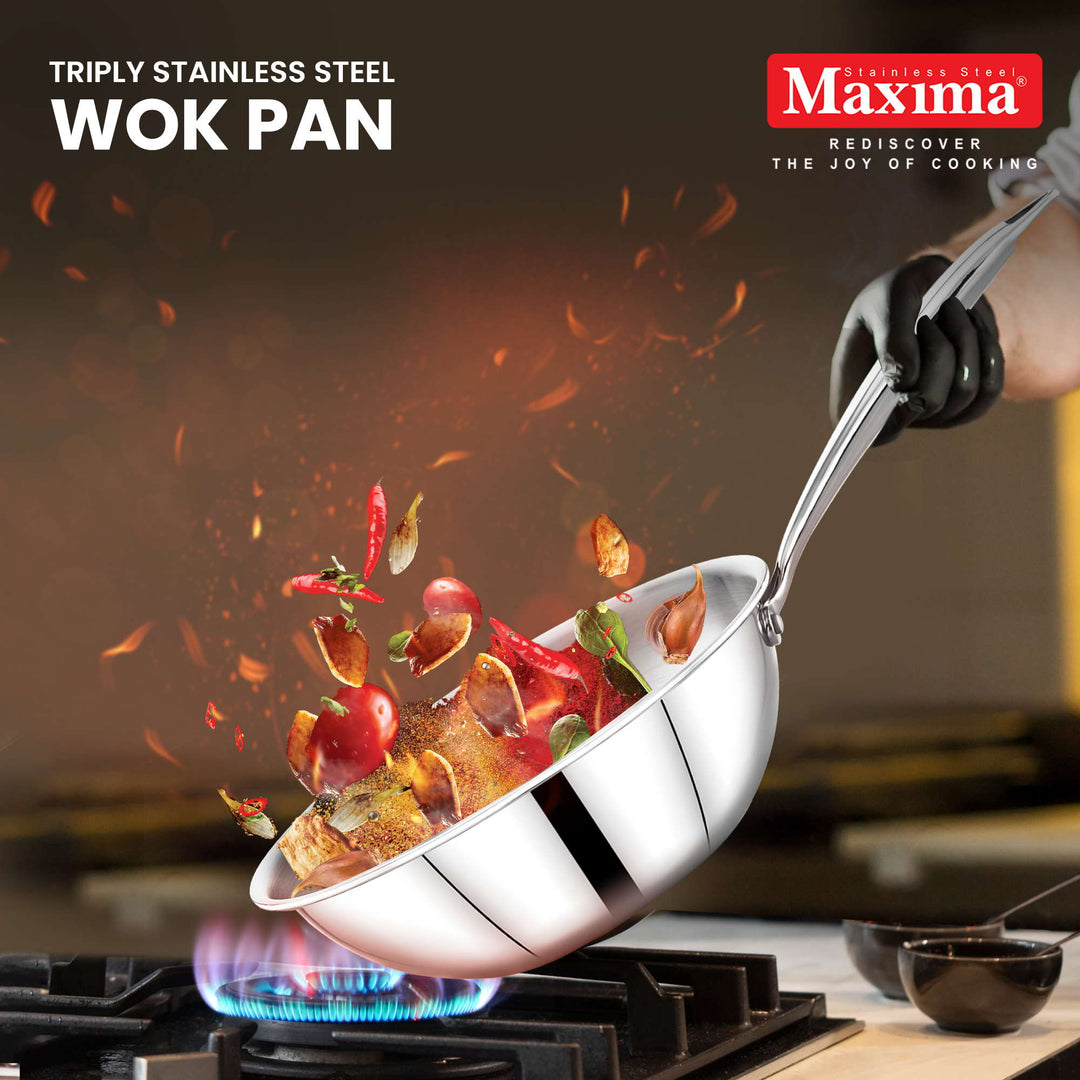 Maxima Triply Stainless Steel Wok Pan with Lid (Induction Friendly)