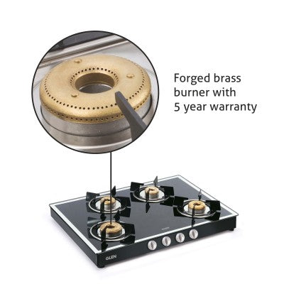 4 Burner Glass Gas Stove Mirror Finish 1 High Flame 3 Forged Brass Burner 70 CM Black (1048 GT FBM BL)