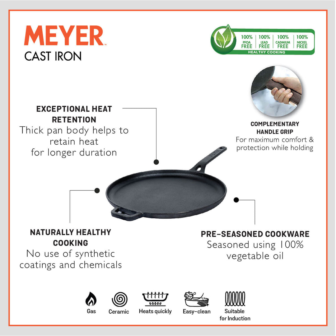Meyer Pre Seasoned Cast Iron 2 Piece cookware Set (24cm Skillet + 28cm Flat Dosa tawa)