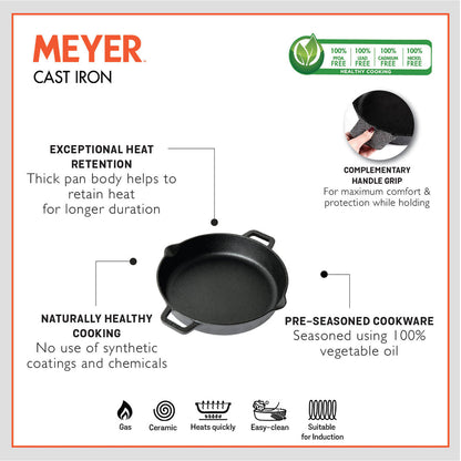 Meyer Pre Seasoned Cast Iron 2 Piece cookware Set (24cm Skillet + 28cm Flat Dosa tawa)