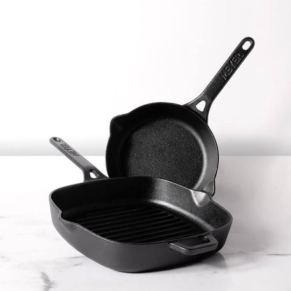 Meyer Pre-Seasoned Cast Iron 2 pcs Set (25cm Grillpan + 20cm Frypan/Skillet)