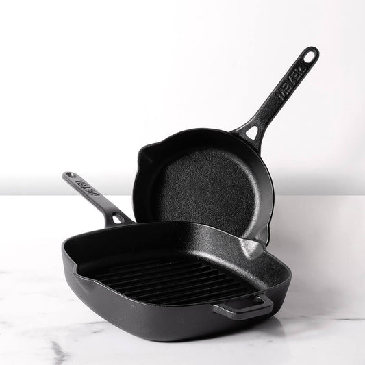 Meyer Pre-Seasoned Cast Iron 2 pcs Set (25cm Grillpan + 20cm Frypan/Skillet)