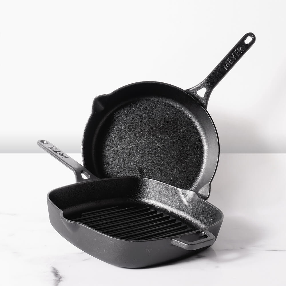 Meyer Pre-Seasoned Cast Iron 2 Piece Cookware Set (25cm Grill Pan + 26cm Frypan)