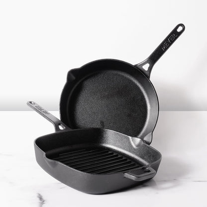 Meyer Pre-Seasoned Cast Iron 2 Piece Cookware Set (25cm Grill Pan + 26cm Frypan)