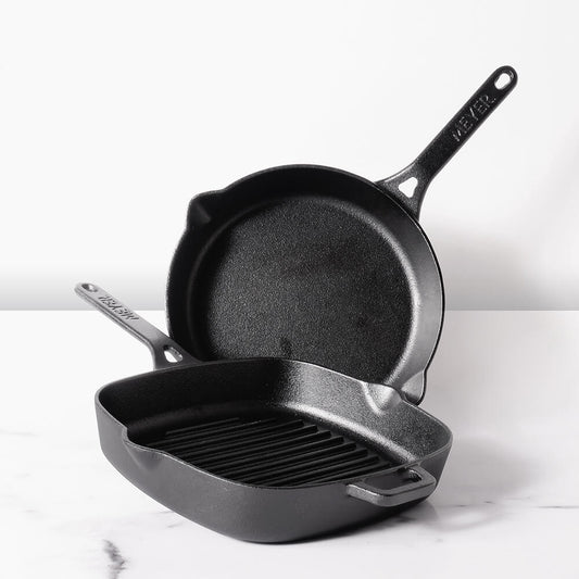 Meyer Pre-Seasoned Cast Iron 2 Piece Cookware Set (25cm Grill Pan + 26cm Frypan)