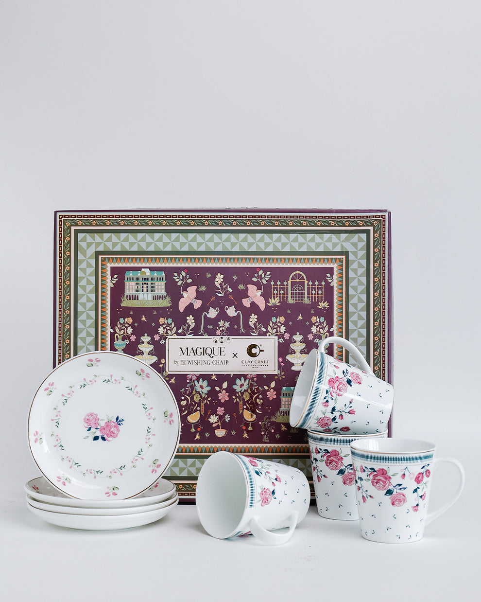 Claycraft Magique by The Wishing Chair x Clay Craft, Portrait of a Rose Zing Coffee Mug with Dessert Plates Set of 8 Pcs (4 Mugs + 4 Plate)