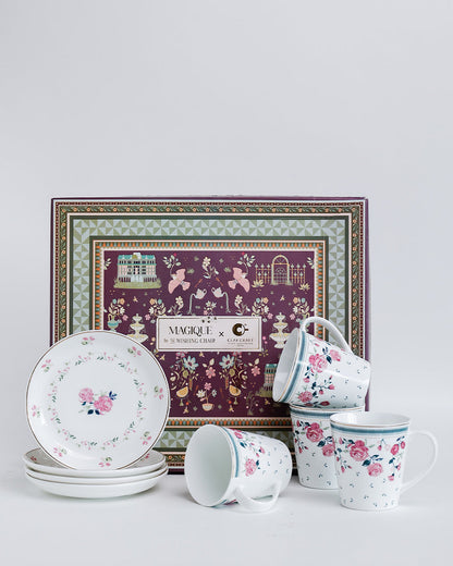 Claycraft Magique by The Wishing Chair x Clay Craft, Portrait of a Rose Zing Coffee Mug with Dessert Plates Set of 8 Pcs (4 Mugs + 4 Plate)