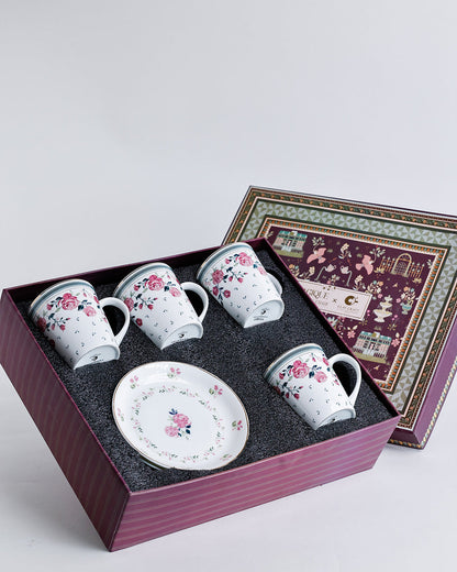 Claycraft Magique by The Wishing Chair x Clay Craft, Portrait of a Rose Zing Coffee Mug with Dessert Plates Set of 8 Pcs (4 Mugs + 4 Plate)