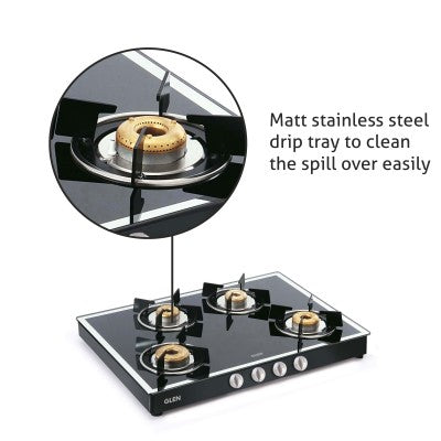 4 Burner Glass Gas Stove Mirror Finish 1 High Flame 3 Forged Brass Burner 70 CM Black (1048 GT FBM BL)