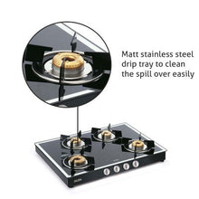 4 Burner Glass Gas Stove Mirror Finish 1 High Flame 3 Forged Brass Burner 70 CM Black (1048 GT FBM BL)