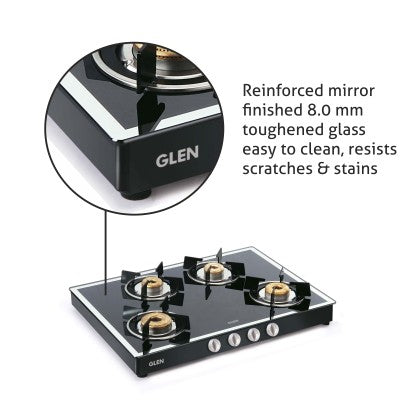4 Burner Glass Gas Stove Mirror Finish 1 High Flame 3 Forged Brass Burner 70 CM Black (1048 GT FBM BL)