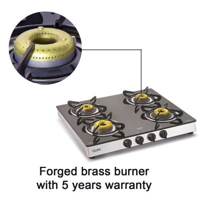 4 Burner Glass Gas Stove 1 High Flame 3 Forged Brass Burners 60 CM (1042 GT FB)
