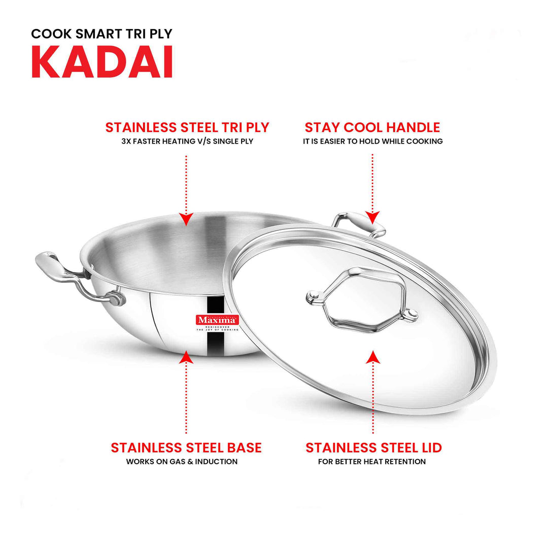 Maxima Triply Stainless Steel Kadai with Lid (Induction Friendly)