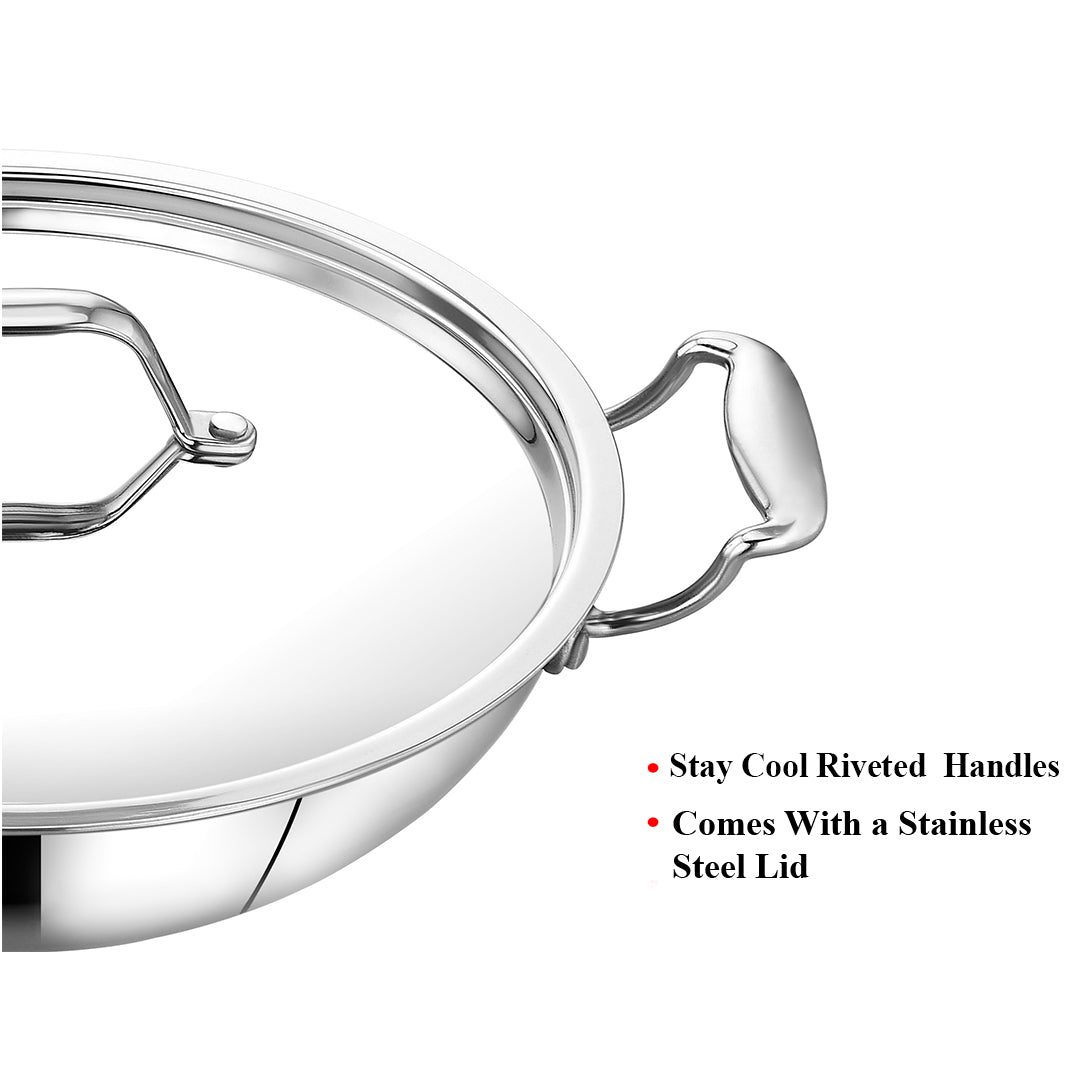 Maxima Triply Stainless Steel Kadai with Lid (Induction Friendly)