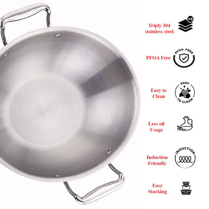 Maxima Triply Stainless Steel Kadai with Lid (Induction Friendly)