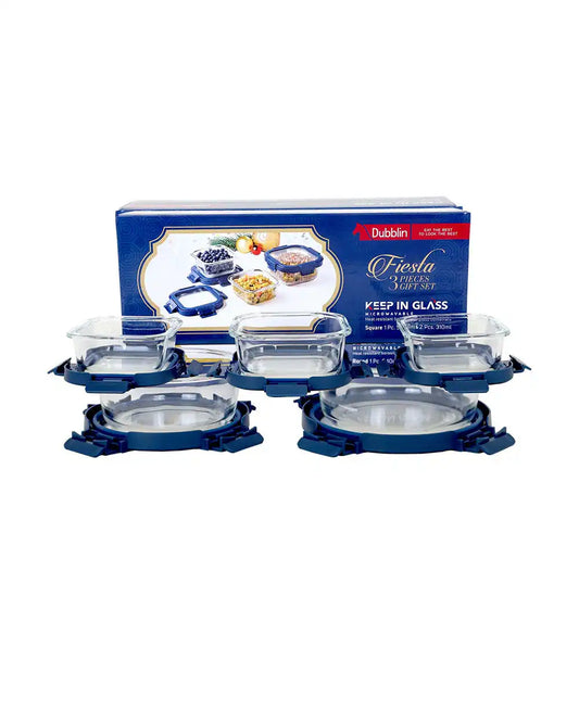 DUBBLIN Fiesta 3 Pcs gift set | Oven Safe | Premium Round+Square Glass Containers | Gift Set | Borosilicate Containers (1 x 530ml, 2 x 310ml)