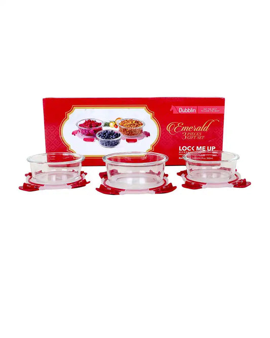 DUBBLIN Emrald 3 Pcs gift set | Oven Safe | Premium Round Glass Containers | Gift Set | Borosilicate Containers (1 x 640 ml, 2 x 390 ml)