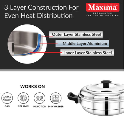 Maxima Triply Stainless Steel Multi Kadai, 28cm (Induction Friendly)
