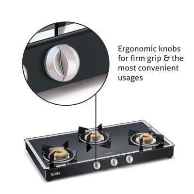3 Burner Mirror Finish Glass Gas Stove with High Flame Forged Brass Burner Black (1038GT FBM BL) - Manual/Auto Ignition