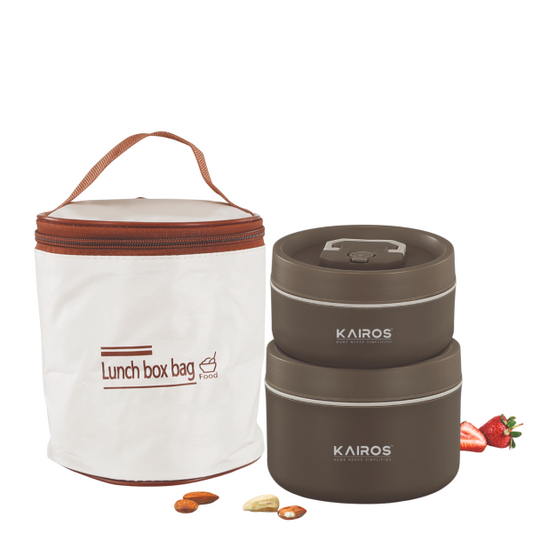 KAIROS Triple Guard Lunch Box-2 Round Tiffin Boxes with Lid 1 Insulated Bag (300ml and 500ml) | Leakproof Stainless Steel Lunch Box + Insulated Bag