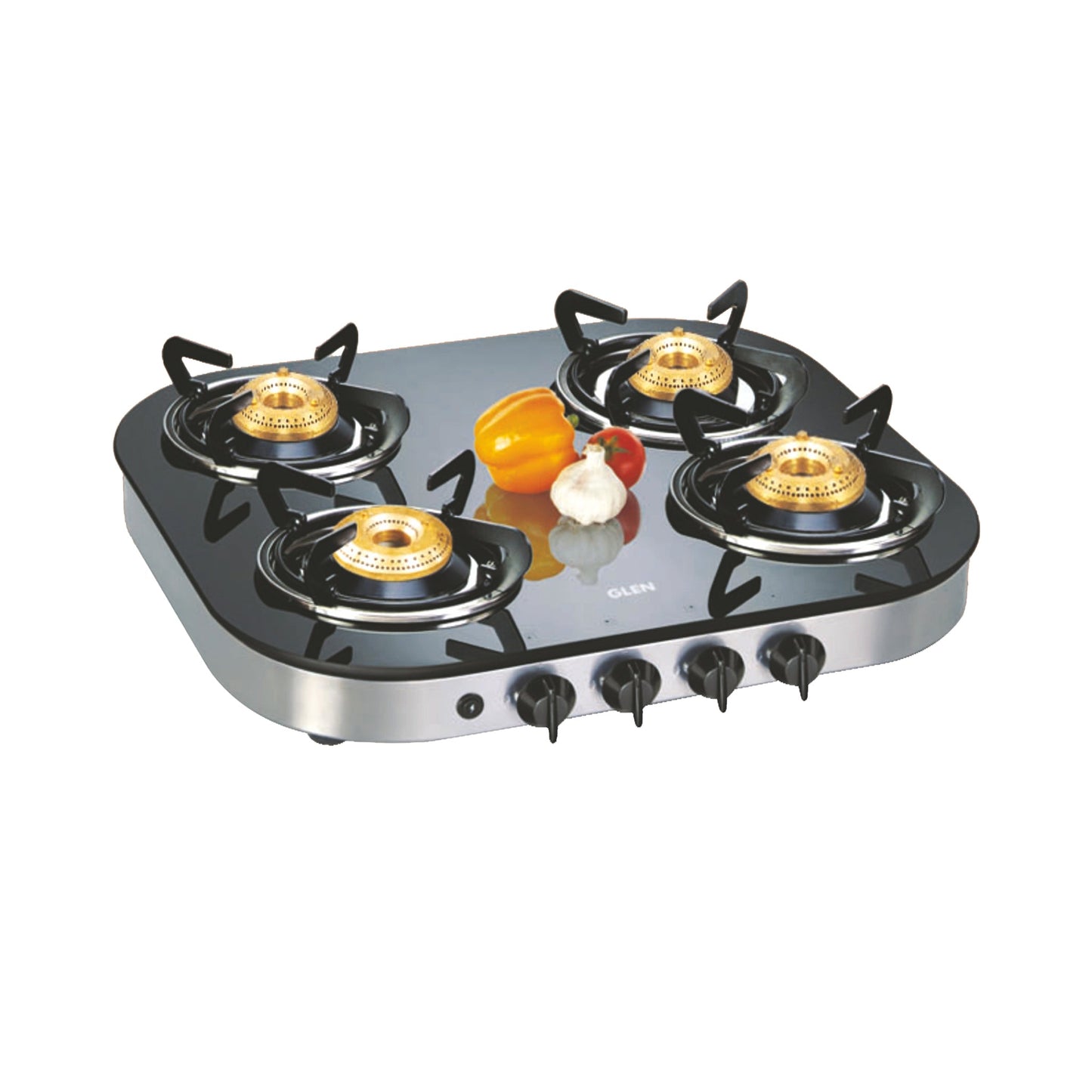 4 Burner Glass Gas Stove 1 High Flame 3 Brass Burner Auto Ignition Round Corners (1046 GTAI)