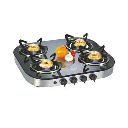 4 Burner Glass Gas Stove 1 High Flame 3 Brass Burner Auto Ignition Round Corners (1046 GTAI)