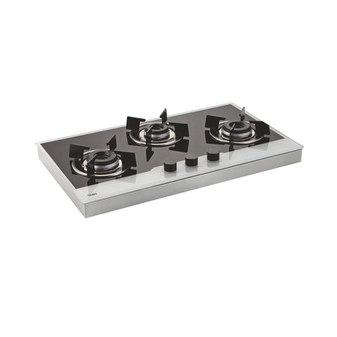 3 Burner Glass Hob Top SS Frame Double Ring Italian Burner Auto Ignition (1073 FIN BW)
