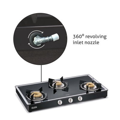 3 Burner Mirror Finish Glass Gas Stove with High Flame Forged Brass Burner Black (1038GT FBM BL) - Manual/Auto Ignition