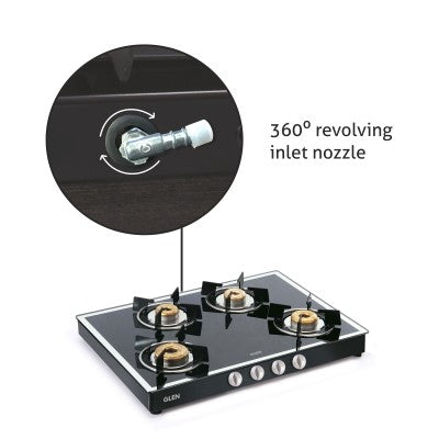 4 Burner Glass Gas Stove Mirror Finish 1 High Flame 3 Forged Brass Burner 70 CM Black (1048 GT FBM BL)