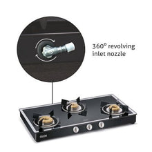 3 Burner Mirror Finish Glass Gas Stove with High Flame Forged Brass Burner Black (1038GT FBM BL) - Manual/Auto Ignition