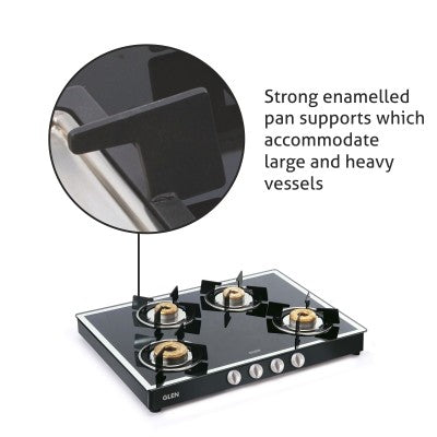 4 Burner Glass Gas Stove Mirror Finish 1 High Flame 3 Forged Brass Burner 70 CM Black (1048 GT FBM BL)