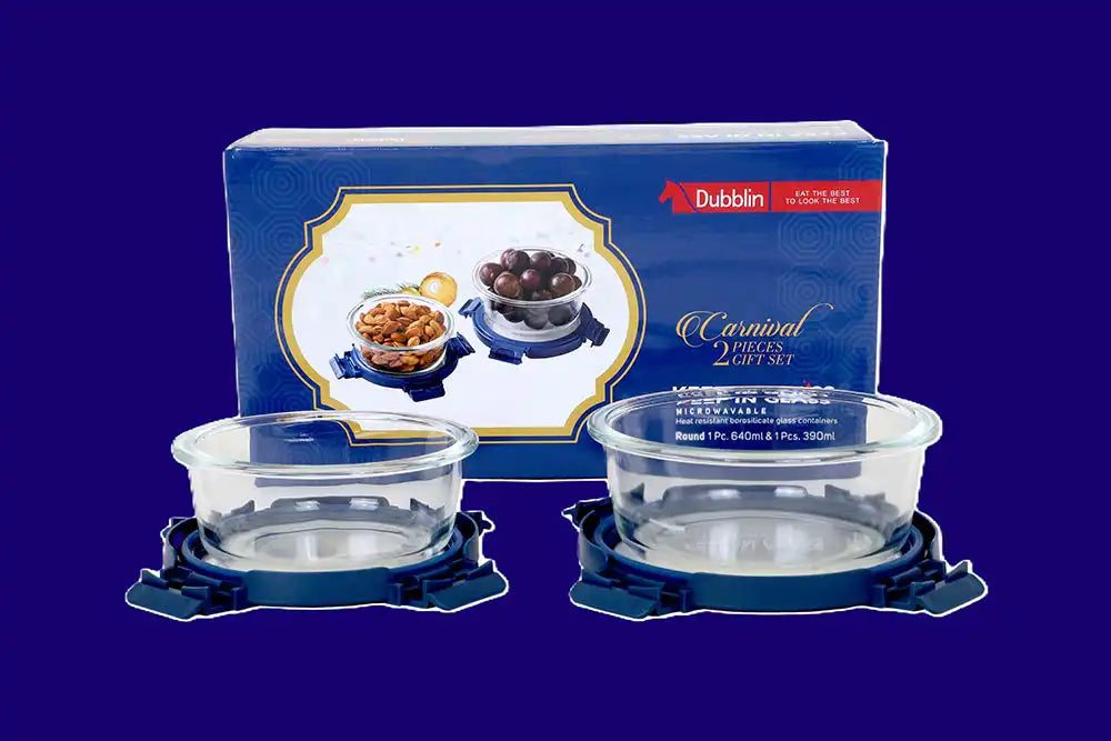 DUBBLIN Carnival 2 Pcs gift set | Oven Safe | Premium Round Glass Containers |  Gift Set | Borosilicate Containers (1 x 640 ml, 1 x 390 ml)