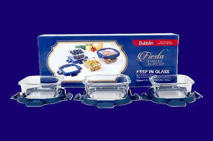 DUBBLIN Fiesta 3 Pcs gift set | Oven Safe | Premium Round+Square Glass Containers | Gift Set | Borosilicate Containers (1 x 530ml, 2 x 310ml)