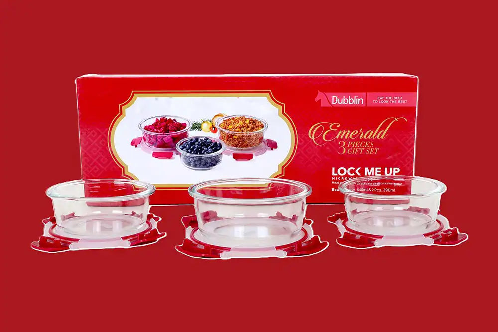 DUBBLIN Emrald 3 Pcs gift set | Oven Safe | Premium Round Glass Containers | Gift Set | Borosilicate Containers (1 x 640 ml, 2 x 390 ml)