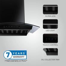 Auto Clean Curved Glass Filter less Kitchen Chimney with Motion Sensor 60/76/90cm, 1200 m3/h (6058 BL Auto Clean)